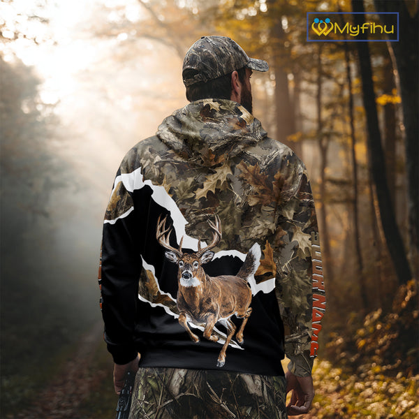 Whitetail Deer Camo Customize Name 3D Printed Long Sleeve Hoodie Hunting Shirts for Men NBT303