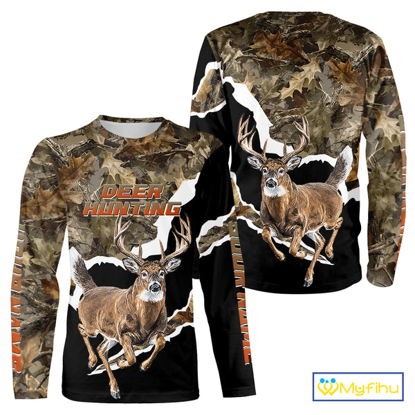 Whitetail Deer Camo Customize Name 3D Printed Long Sleeve Hoodie Hunting Shirts for Men NBT303