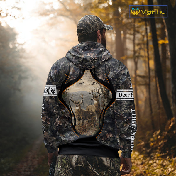 Whitetail Deer Custom Name 3D Printed Long Sleeve Hoodies, Deer Hunting Shirt, Hunting Season NBT304