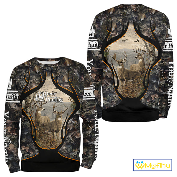 Whitetail Deer Custom Name 3D Printed Long Sleeve Hoodies, Deer Hunting Shirt, Hunting Season NBT304