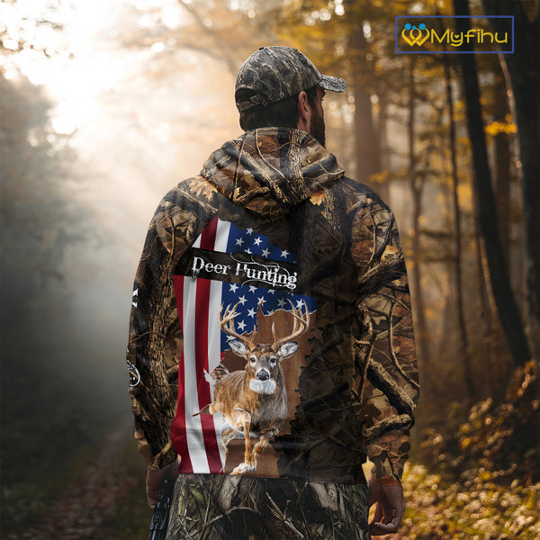 Forest Camo Deer Hunting Shirt American Flag Full All Over 3D Printed Hoodie For Men NBT321