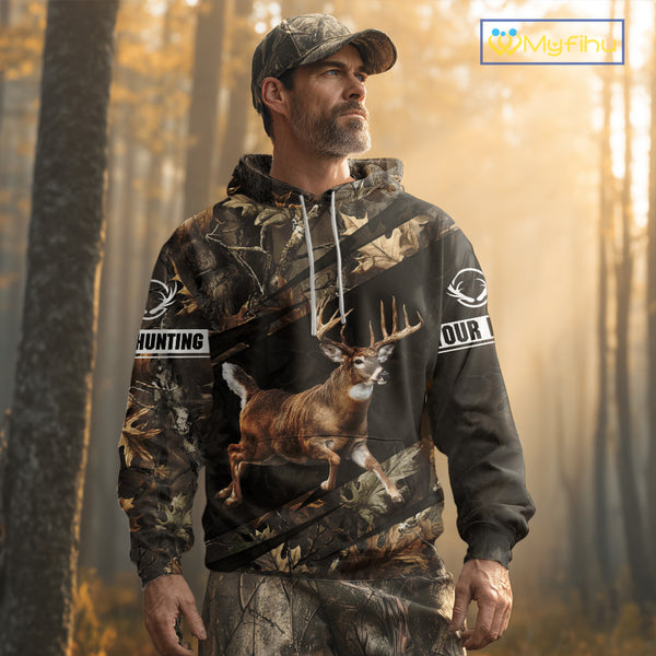 Personalized Whitetail Deer Hunting Fall Season Camo Printing Shirts Deer Hunting Gift Hoodie NBT323