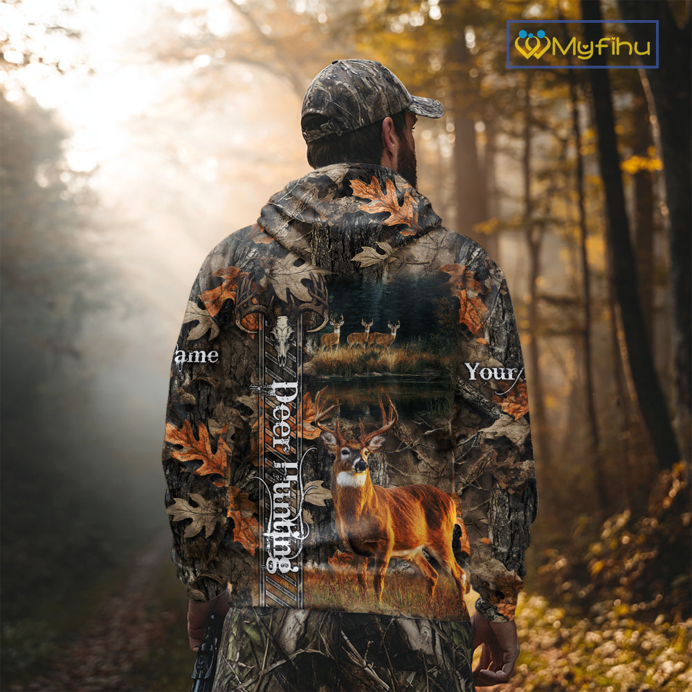Whitetail Deer Hunting Custom Name Camo Shirt, Hunting Hoodie Camouflage Deer Shirts NBT333