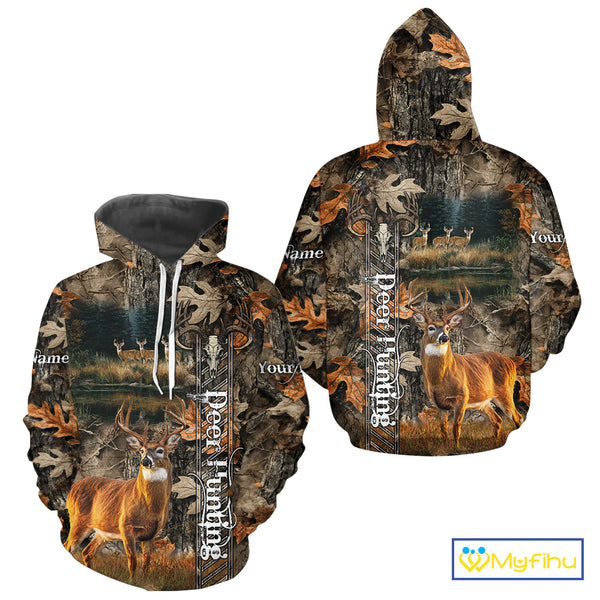 Whitetail Deer Hunting Custom Name Camo Shirt, Hunting Hoodie Camouflage Deer Shirts NBT333