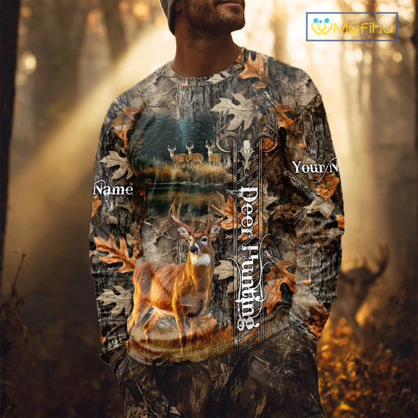Whitetail Deer Hunting Custom Name Camo Shirt, Hunting Hoodie Camouflage Deer Shirts NBT333