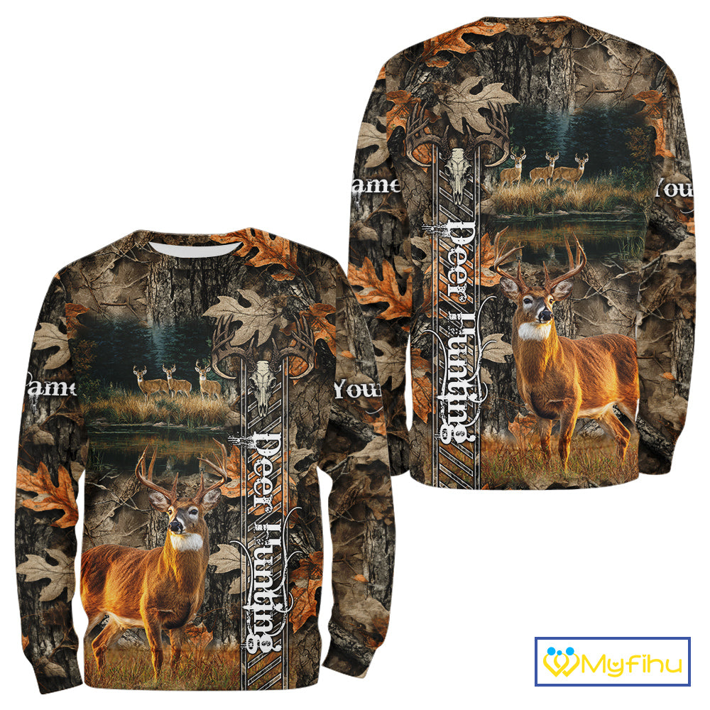 Whitetail Deer Hunting Custom Name Camo Shirt, Hunting Hoodie Camouflage Deer Shirts NBT333