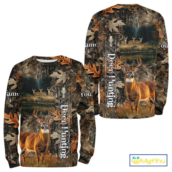 Whitetail Deer Hunting Custom Name Camo Shirt, Hunting Hoodie Camouflage Deer Shirts NBT333