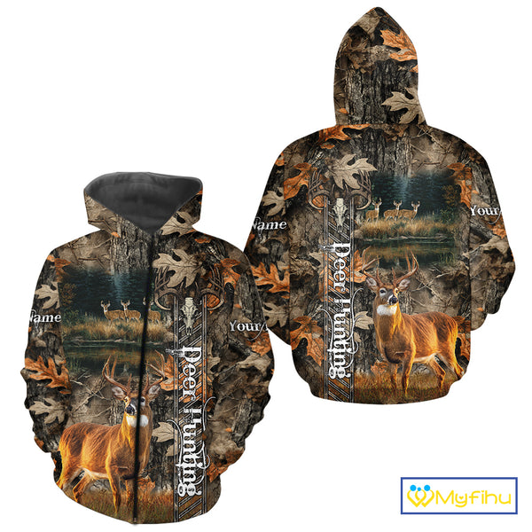 Whitetail Deer Hunting Custom Name Camo Shirt, Hunting Hoodie Camouflage Deer Shirts NBT333