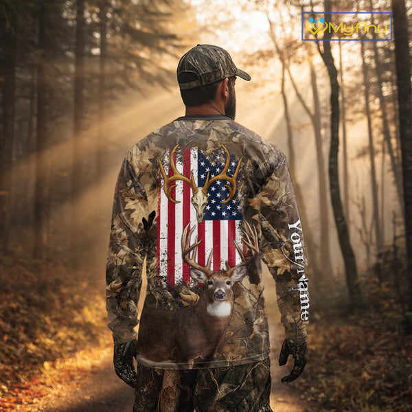 American Flag Whitetail Deer Camo Hunting Shirt, Best Hunting Clothes for Deer Hunting Season NBT64