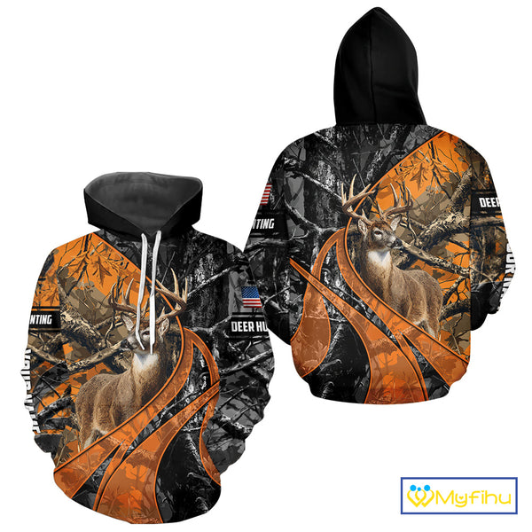 Whitetail Deer Hunting Orange and Black Camo Shirts with US Flag, Personalized Hunting Shirt NBT68