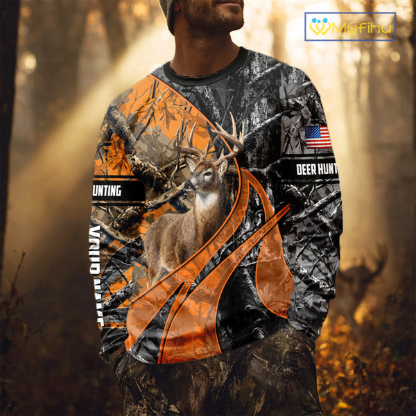 Whitetail Deer Hunting Orange and Black Camo Shirts with US Flag, Personalized Hunting Shirt NBT68