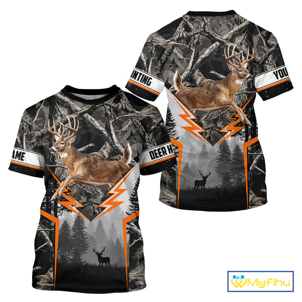 Jumping Whitetail Deer Hunting Dark Camo Custom Name 3D All Over Printed Shirts, Hunting Gifts NBT73