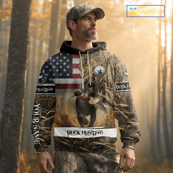 Duck Hunting Waterfowl Camo US Flag Black Labrador Retriever Dog Shirts, Duck Hunting Gifts NBT80