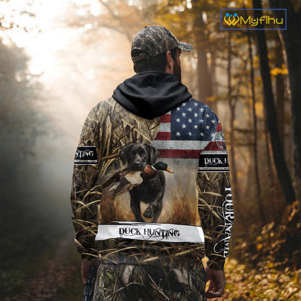 Duck Hunting Waterfowl Camo US Flag Black Labrador Retriever Dog Shirts, Duck Hunting Gifts NBT80