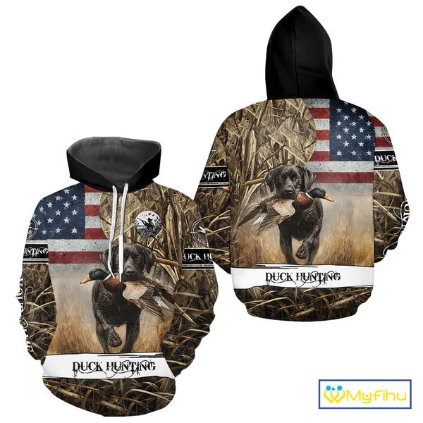 Duck Hunting Waterfowl Camo US Flag Black Labrador Retriever Dog Shirts, Duck Hunting Gifts NBT80