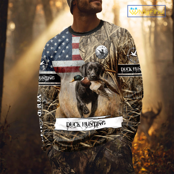 Duck Hunting Waterfowl Camo US Flag Black Labrador Retriever Dog Shirts, Duck Hunting Gifts NBT80