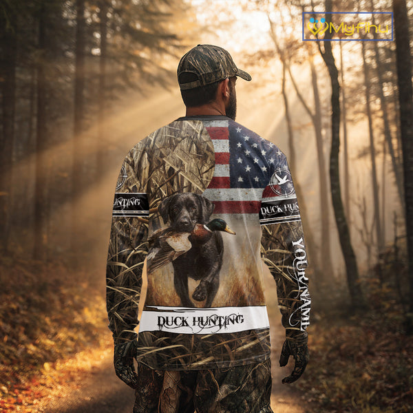 Duck Hunting Waterfowl Camo US Flag Black Labrador Retriever Dog Shirts, Duck Hunting Gifts NBT80