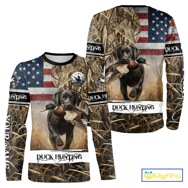 Duck Hunting Waterfowl Camo US Flag Black Labrador Retriever Dog Shirts, Duck Hunting Gifts NBT80