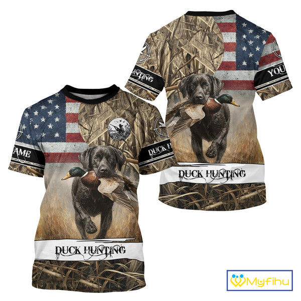 Duck Hunting Waterfowl Camo US Flag Black Labrador Retriever Dog Shirts, Duck Hunting Gifts NBT80