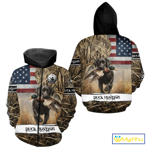 Duck Hunting Waterfowl Camo US Flag Black Labrador Retriever Dog Shirts, Duck Hunting Gifts NBT80