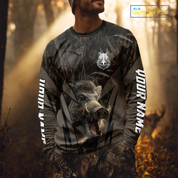 Boar Hunting Custom Name Brown Camouflage Hunting Clothes, Boar Hunting Outfit, Hunting Gifts NBT169