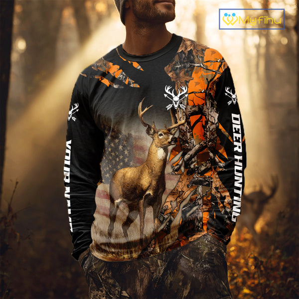Deer Hunting Shirt Orange Forest Camo US Flag Custom Name Hoodie, Long Sleeve For Men NBT256