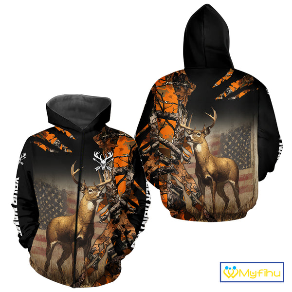 Deer Hunting Shirt Orange Forest Camo US Flag Custom Name Hoodie, Long Sleeve For Men NBT256