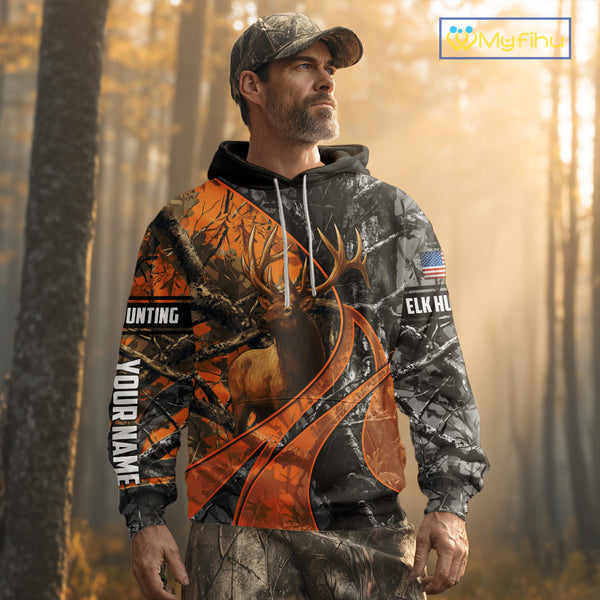 Elk Hunting Orange and Black Camo Shirts with US Flag, Personalized Hunting Shirt NBT100