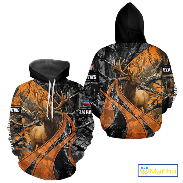 Elk Hunting Orange and Black Camo Shirts with US Flag, Personalized Hunting Shirt NBT100