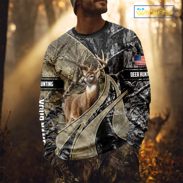 Whitetail Deer Hunting Brown and Black Camo Shirts with US Flag, Personalized Hunting Shirt NBT101