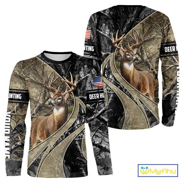 Whitetail Deer Hunting Brown and Black Camo Shirts with US Flag, Personalized Hunting Shirt NBT101