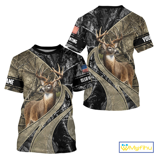Whitetail Deer Hunting Brown and Black Camo Shirts with US Flag, Personalized Hunting Shirt NBT101