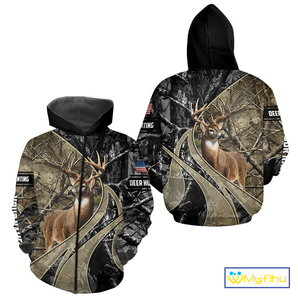 Whitetail Deer Hunting Brown and Black Camo Shirts with US Flag, Personalized Hunting Shirt NBT101
