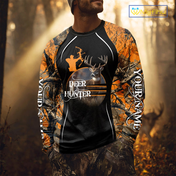 Deer Bow Hunting Orange Camo Custom Name Shirts, Personalized Deer Hunting Clothes, Hunting Gifts NBT102