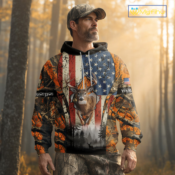 Whitetail Deer Hunting Big Game US Flag Custom Name Orange Camo Shirts, Personalized Deer Hunting Clothing NBT265