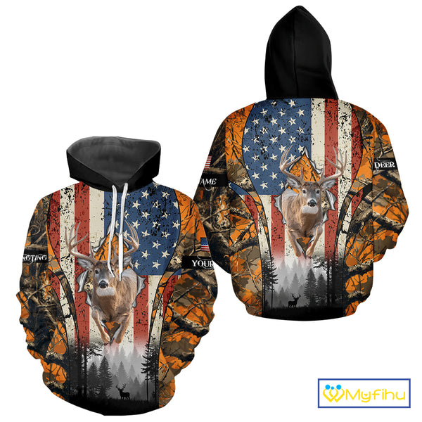 Whitetail Deer Hunting Big Game US Flag Custom Name Orange Camo Shirts, Personalized Deer Hunting Clothing NBT265