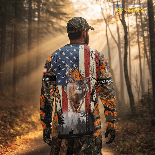 Whitetail Deer Hunting Big Game US Flag Custom Name Orange Camo Shirts, Personalized Deer Hunting Clothing NBT265