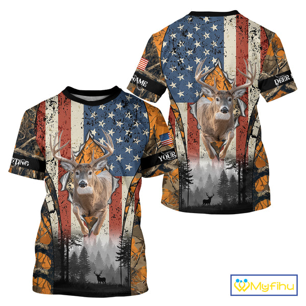 Whitetail Deer Hunting Big Game US Flag Custom Name Orange Camo Shirts, Personalized Deer Hunting Clothing NBT265