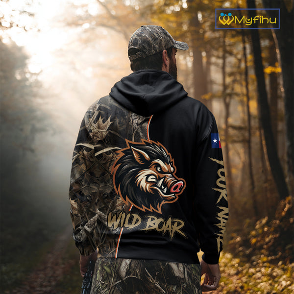 Custom Brown Camo with TX Flag Boar Hunting Shirts for Men, Boar Hunting Clothes, Hunting Gifts NBT188