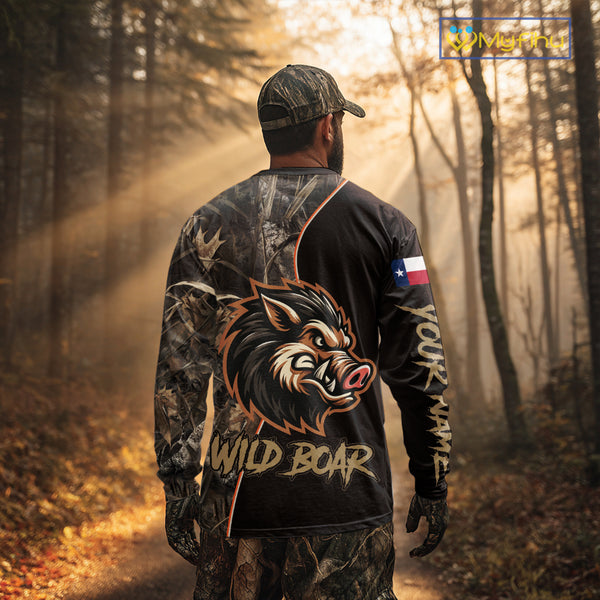 Custom Brown Camo with TX Flag Boar Hunting Shirts for Men, Boar Hunting Clothes, Hunting Gifts NBT188