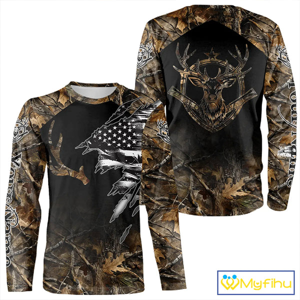 Whitetail Deer Hunting Shirts Personalized Black US Flag Camouflage, Best Gifts for Hunters NBT275