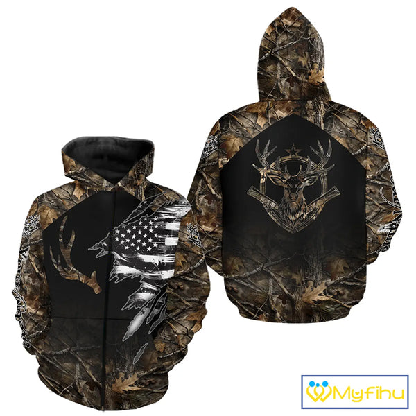 Whitetail Deer Hunting Shirts Personalized Black US Flag Camouflage, Best Gifts for Hunters NBT275