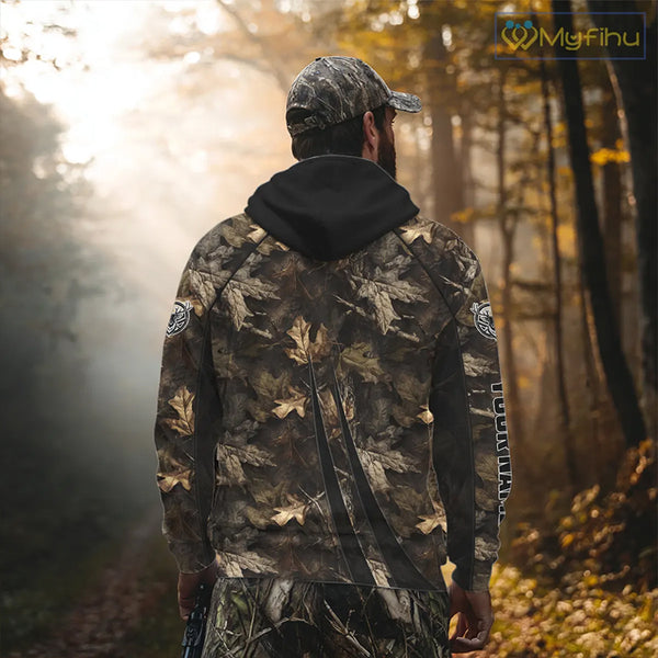 Personalized Whitetail Deer Hunting 3D All Over Printed Hoodie Brown Autumn Leaves Camo NBT276