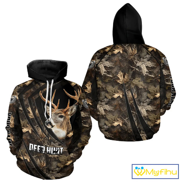 Personalized Whitetail Deer Hunting 3D All Over Printed Hoodie Brown Autumn Leaves Camo NBT276