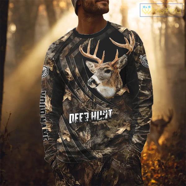 Personalized Whitetail Deer Hunting 3D All Over Printed Hoodie Brown Autumn Leaves Camo NBT276
