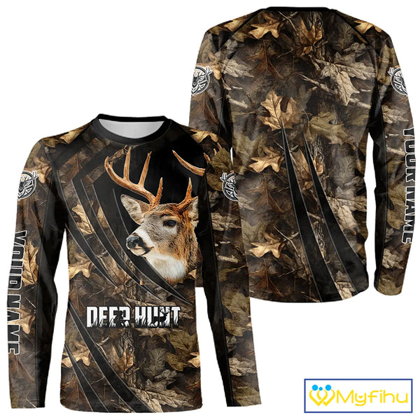 Personalized Whitetail Deer Hunting 3D All Over Printed Hoodie Brown Autumn Leaves Camo NBT276