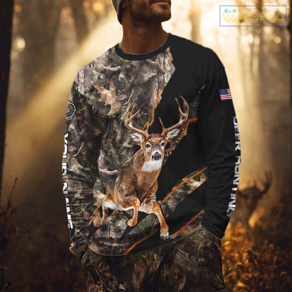 Whitetail Deer Hunting Brown Camo with Scope US Flag Shirts, Deer Hunting Clothes for Hunters NBT230