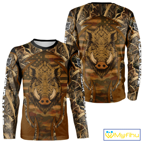 Personalized Wild Boar Hunting Brown Camo US Flag Printed Shirts, Hunting Gifts NBT235
