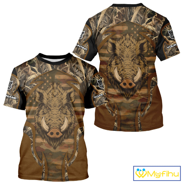 Personalized Wild Boar Hunting Brown Camo US Flag Printed Shirts, Hunting Gifts NBT235