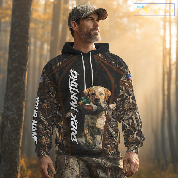 Waterfowl Duck Hunting Yellow Labrador Retriever Camo US Flag 3D Shirts, Duck Hunting Gifts NBT239